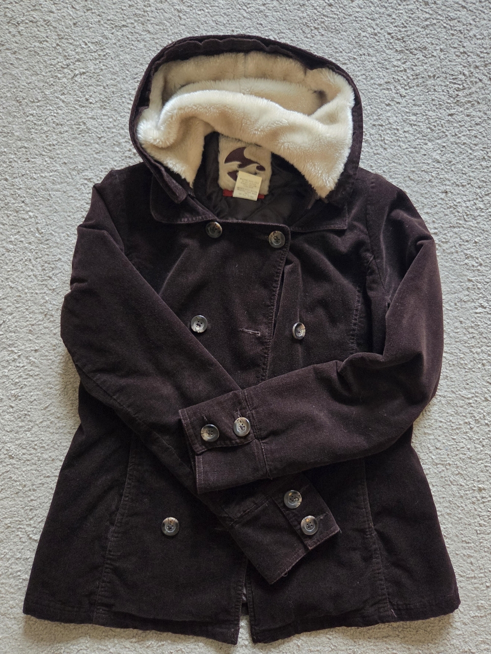 Billabong Dark Removable Hood Double-Breasted Pea Coat Brown Courdaroy SMALL